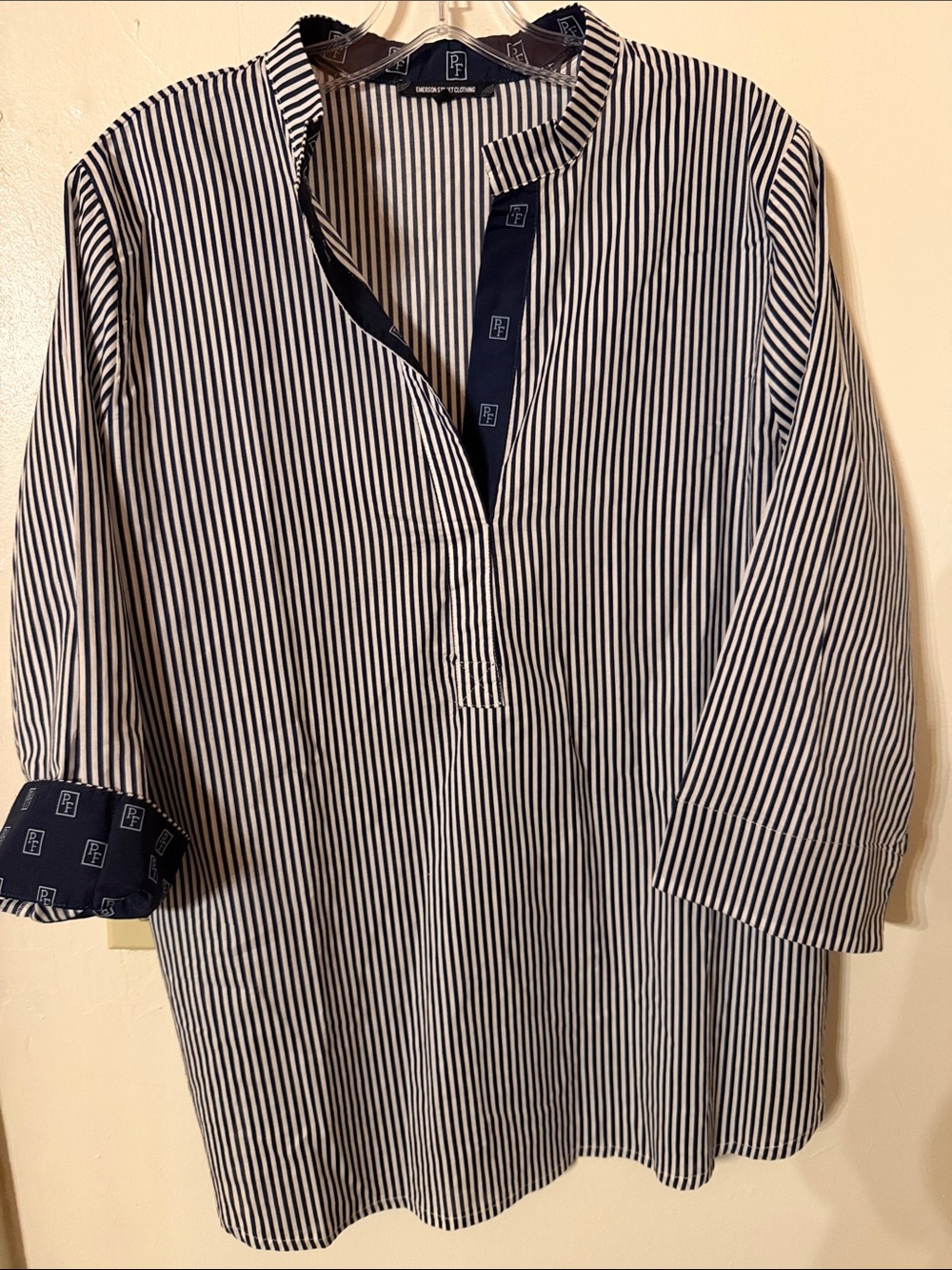 Striped Navy and White Band-Collar Shirt by Peter Millar